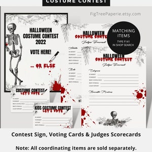 May include: Printable Halloween costume contest sign, voting cards, and judge scorecards. The sign features a skeleton with a bloody knife and the text "Halloween Costume Contest 2022, Vote Here! ...Or Else". The voting cards and scorecards have a black and white floral design with red blood splatters.