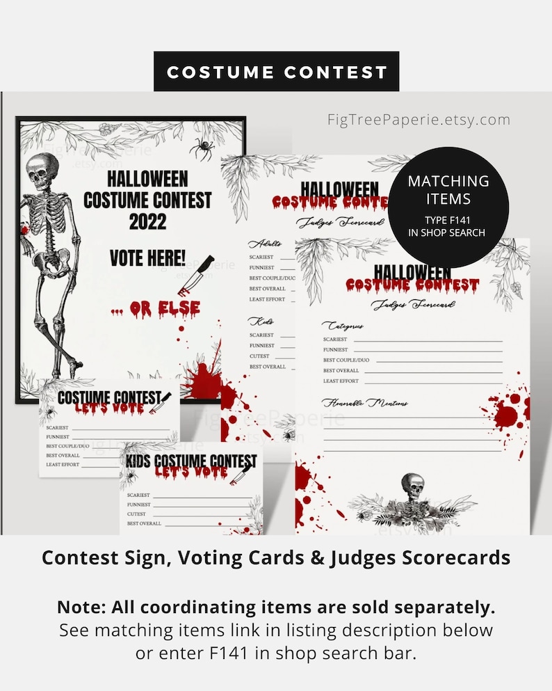 May include: Printable Halloween costume contest sign, voting cards, and judge scorecards. The sign features a skeleton with a bloody knife and the text "Halloween Costume Contest 2022, Vote Here! ...Or Else". The voting cards and scorecards have a black and white floral design with red blood splatters.