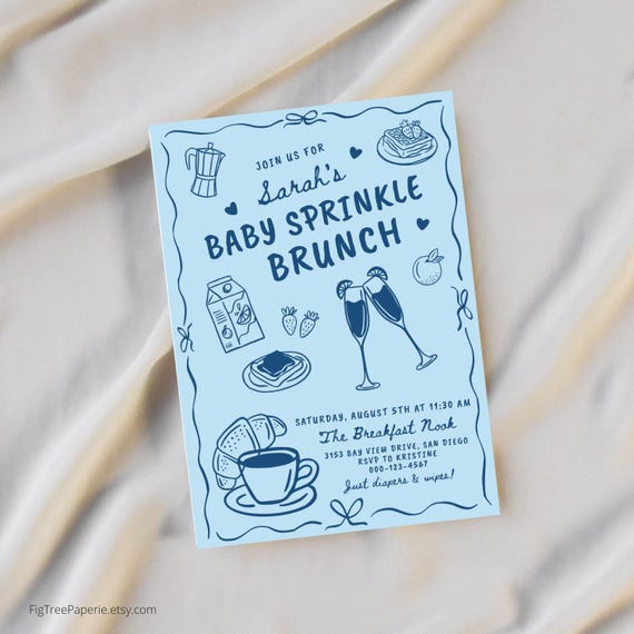 Baby Sprinkle Brunch Invitation Boy, Hand Drawn Baby Boy Sprinkle Invite, Pancakes Waffles Baby Brunch Invite Whimsical Doodle Style