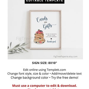 May include: Editable template for a cards and gifts sign with a watercolour illustration of a stack of pancakes with blueberries and strawberries. The sign is 8x10 inches and says "Cards and Gifts" with the text "We're so grateful for all your love and support! Thank you!"