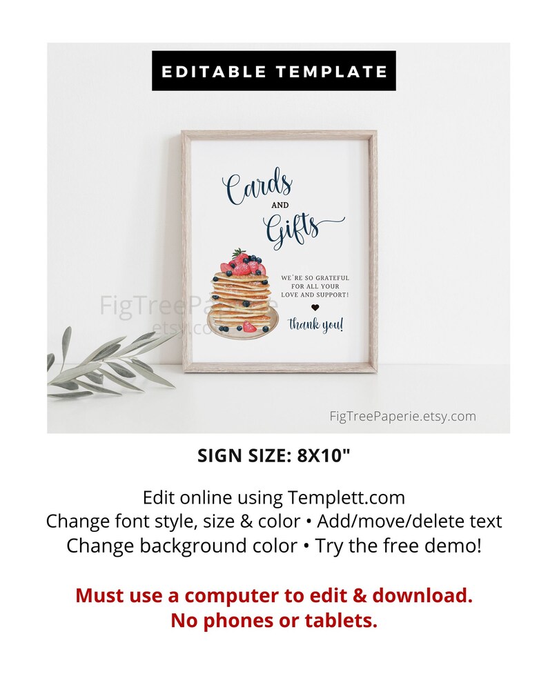 May include: Editable template for a cards and gifts sign with a watercolour illustration of a stack of pancakes with blueberries and strawberries. The sign is 8x10 inches and says "Cards and Gifts" with the text "We're so grateful for all your love and support! Thank you!"