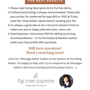 May include: A brown rectangle with the text "FOR BEST RESULTS" in white. A list of instructions for printing digital downloads, including a recommendation to test print before finalising the design. The text also includes a suggestion to contact the seller for help with any questions. The image also includes the text "fig tree paperie DESIGN STUDIO" and the website address "FigTreePaperie.Etsy.com" and the social media handle "@figtreepaperie".