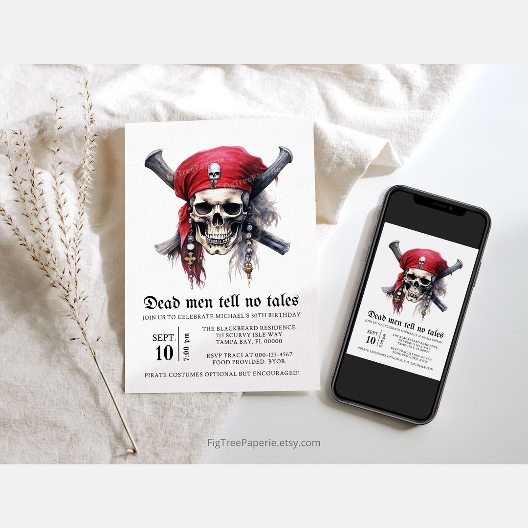 Pirate Birthday Party Invitation, Printable Halloween Birthday Party Invite Adult, Pirate ...
