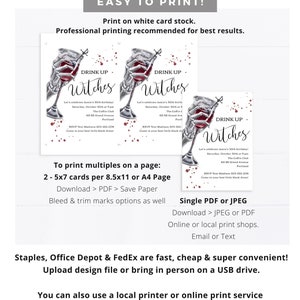 May include: Printable invitation for a Halloween party with a skeleton hand holding a glass of red wine. The invitation says "Drink Up Witches" and includes details for the party, including the date, time, location, and RSVP information.
