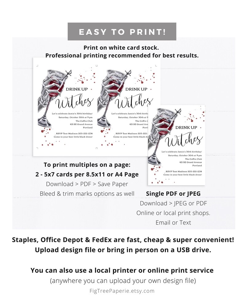 May include: Printable invitation for a Halloween party with a skeleton hand holding a glass of red wine. The invitation says "Drink Up Witches" and includes details for the party, including the date, time, location, and RSVP information.
