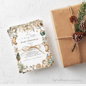 May include: A white baby shower invitation with a winter theme. The invitation features a brown stocking, a green pine branch, and a brown and white gingerbread cookie. The text on the invitation reads "Join us for a merry little baby sprinkle in honour of [name] Saturday, December 10th at 2 pm The Miller Residence 12345 West Elm Drive, #214 Forest Grove, CO 90004 RSVP to Melissa at 000-123-4567 just nappies & wipes. thank you!"