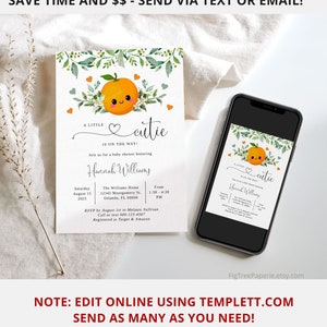 Op de afbeelding: Een digitale, afdrukbare babyborrel-uitnodiging met een schattige sinaasappel-illustratie. De uitnodiging heeft een aquarel-achtergrond met groene bladeren en oranje bloemen. De tekst luidt "A Little Cutie is on the Way!" en bevat details voor de babyborrel, zoals de datum, tijd, locatie en RSVP-informatie.