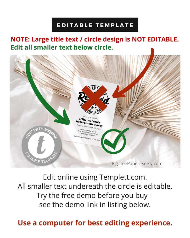 May include: Editable template for a retirement party invitation. The template features a circle with the text "Officially Retired" and a red X over it. The text below the circle is editable and includes the text "Join us as we celebrate Mike Wilson's Retirement Party".