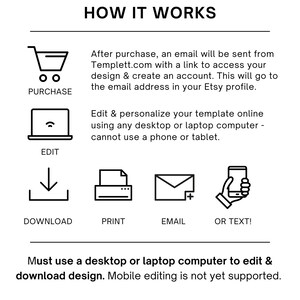 K&ouml;nnte beinhalten: Schwarz-wei&szlig;e Grafik mit dem Text &bdquo;WIE ES FUNKTIONIERT&ldquo; und Anweisungen zum Kaufen, Bearbeiten, Herunterladen, Drucken, E-Mailen oder SMS-Versenden eines Designs. Der Text besagt, dass ein Desktop- oder Laptop-Computer erforderlich ist.