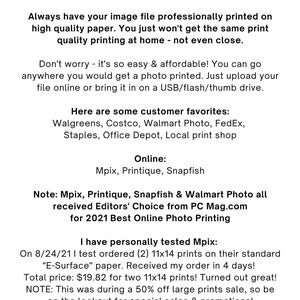 May include: Text-based image explaining how to print photos professionally. It lists several online and in-person printing services, including Mpix, Printique, Snapfish, Walmart Photo, Walgreens, Costco, FedEx, Staples, Office Depot, and local print shops. The text also mentions that Mpix received Editors' Choice from PC Mag.com for 2021 Best Online Photo Printing.