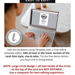 May include: A laptop computer screen displaying a retirement party invitation template. The template features a circle with the word "Retired" and the year "2021" inside. The text "EASY TO EDIT!" is displayed above the laptop. The text "EDIT WITH Templett EDITABLE TEMPLATE" is displayed below the laptop.