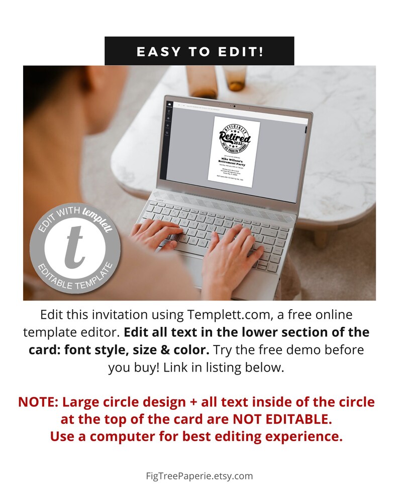 May include: A laptop computer screen displaying a retirement party invitation template. The template features a circle with the word "Retired" and the year "2021" inside. The text "EASY TO EDIT!" is displayed above the laptop. The text "EDIT WITH Templett EDITABLE TEMPLATE" is displayed below the laptop.