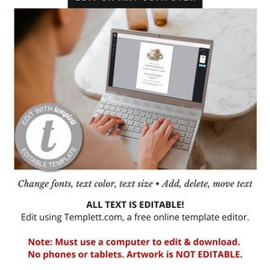May include: A person is using a laptop to edit a Christmas brunch invitation template. The template is editable and can be customized with different fonts, colors, and sizes. The text on the template reads "Christmas Brunch" and "The Smith Residence".