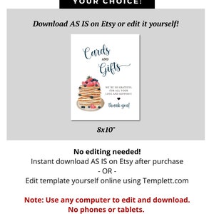 May include: Printable 8x10 inch sign with a watercolour illustration of a stack of pancakes with blueberries and strawberries. The sign says "Cards and Gifts" and "We're so grateful for all your love and support! Thank you!"