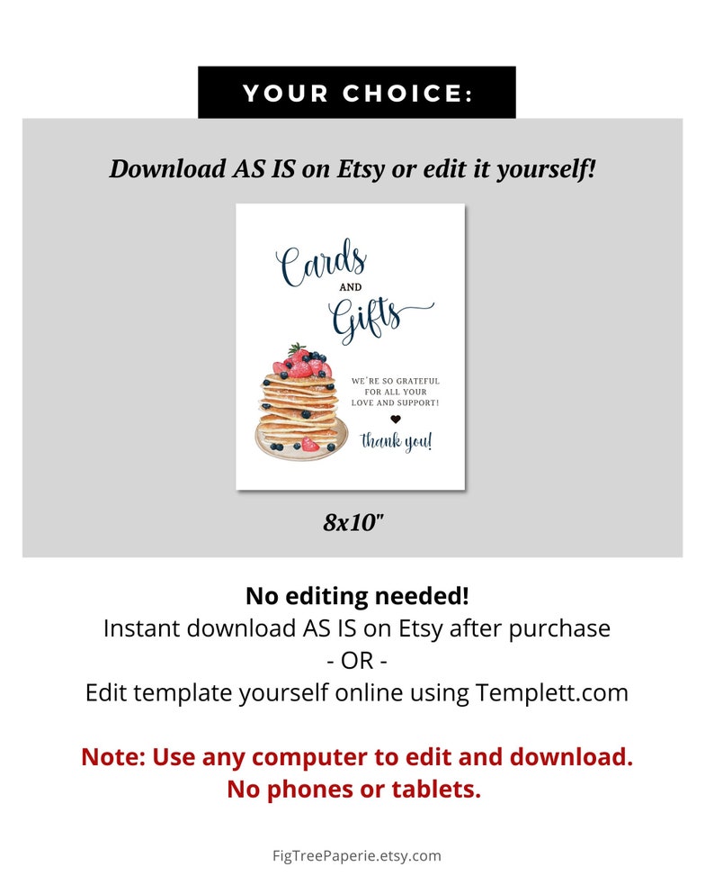 May include: Printable 8x10 inch sign with a watercolour illustration of a stack of pancakes with blueberries and strawberries. The sign says "Cards and Gifts" and "We're so grateful for all your love and support! Thank you!"