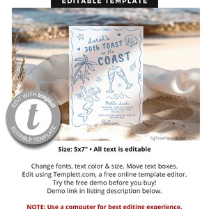 Op de afbeelding: Bewerkbare sjabloon voor een uitnodiging voor een 30e verjaardagsfeest met een strandthema. De uitnodiging bevat een handgetekende illustratie van een zeemeermin, palmbomen en champagne glazen. De tekst luidt "Sarah's 30th Toast on the Coast" en bevat details over het evenement, zoals de datum, tijd en locatie. De sjabloon is 12,7x17,8 cm en alle tekst is bewerkbaar.
