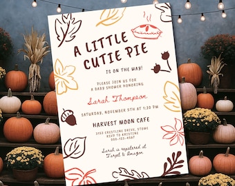 A Little Cutie Pie Baby Shower Invitation, Fall Pumpkin Pie Baby Shower Invite, Thanksgiving Harvest Baby Shower Invite Neutral Hand Drawn