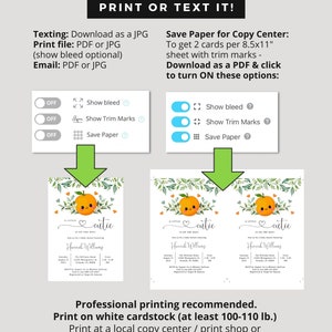 Op de afbeelding: Printbare babyshower-uitnodiging met een schattige sinaasappel met een glimlach en de tekst "A little cutie is on the way!" De uitnodiging is versierd met groene bladeren en harten. De tekst "Download & Print or Text It!" staat bovenaan de afbeelding. De afbeelding bevat ook instructies voor het afdrukken van de uitnodiging, inclusief aanbevelingen voor het papiergewicht en printservices.