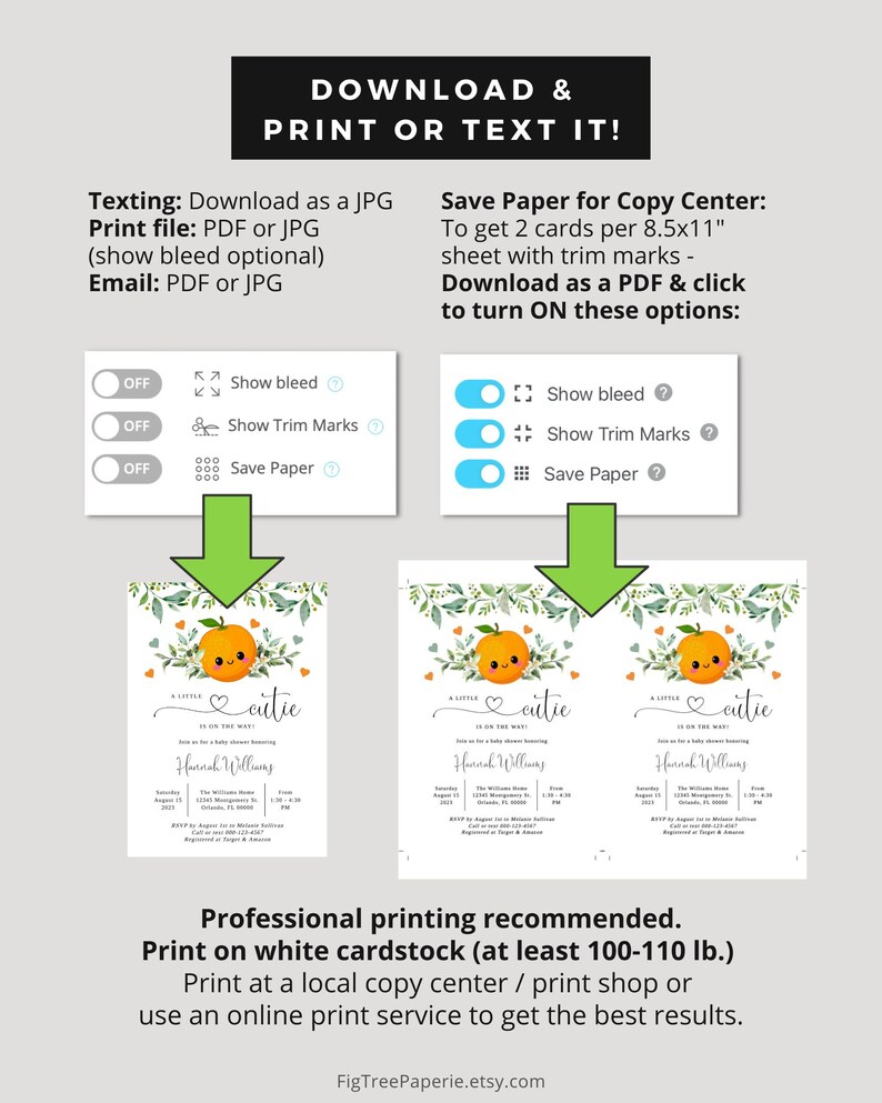 Op de afbeelding: Printbare babyshower-uitnodiging met een schattige sinaasappel met een glimlach en de tekst "A little cutie is on the way!" De uitnodiging is versierd met groene bladeren en harten. De tekst "Download & Print or Text It!" staat bovenaan de afbeelding. De afbeelding bevat ook instructies voor het afdrukken van de uitnodiging, inclusief aanbevelingen voor het papiergewicht en printservices.