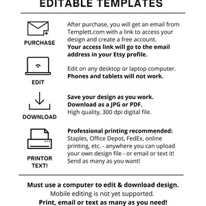 May include: A graphic explaining how to use editable templates. The graphic shows a series of icons representing the steps: purchase, edit, download, and print. The text explains that you can purchase the template, edit it on a computer, download it as a JPG or PDF, and print it. The text also states that mobile editing is not yet supported.