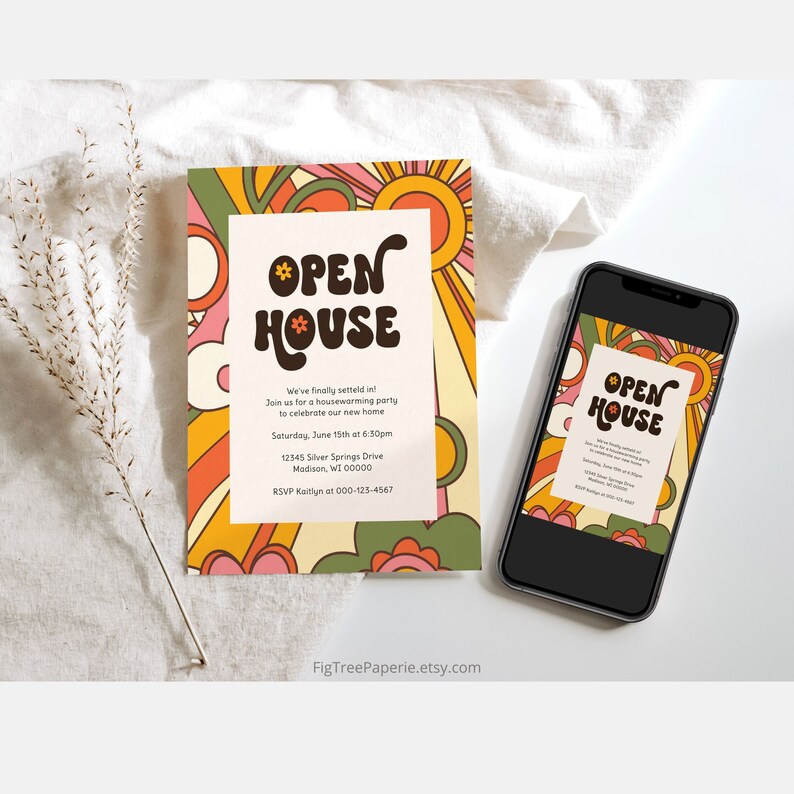 Retro Housewarming Party Invitation, Groovy 70s Housewarming Invite, Editable Printable Digital Housewarming, Hippie 70s Open House Invite image 1
