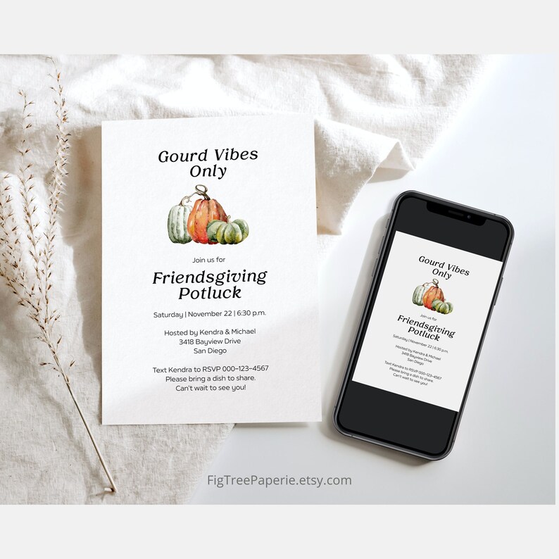 Puede incluir: Una invitaci&oacute;n digital para un potluck de Acci&oacute;n de Gracias entre amigos con una ilustraci&oacute;n de acuarela de calabazas. La invitaci&oacute;n dice "Gourd Vibes Only" y "Join us for Friendsgiving Potluck" con la fecha y la hora del evento. La invitaci&oacute;n tambi&eacute;n incluye el nombre del anfitri&oacute;n, la direcci&oacute;n y la informaci&oacute;n de contacto.