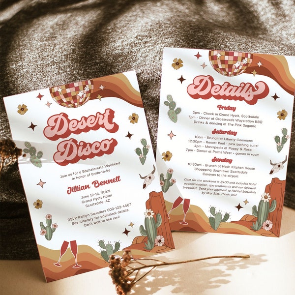 Retro Desert Bachelorette Invitation Itinerary, Palm Springs Bachelorette Invite, Scottsdale Bachelorette Invitation, Desert itinerary