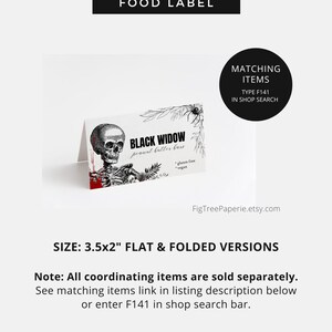 May include: Black and white illustration of a skeleton with a skull wearing a crown. The illustration is on a white background with red blood splatters. The text "BLACK WIDOW peanut butter bars" is written in black. The text "gluten free vegan" is written in smaller black text below the product name. The text "TYPE F141 IN SHOP SEARCH" is written in black on a white background. The text "SIZE: 3.5x2" FLAT & FOLDED VERSIONS" is written in black on a white background. The text "Note: All coordinating items are sold separately. See matching items link in listing description below or enter F141 in shop search bar." is written in black on a white background.
