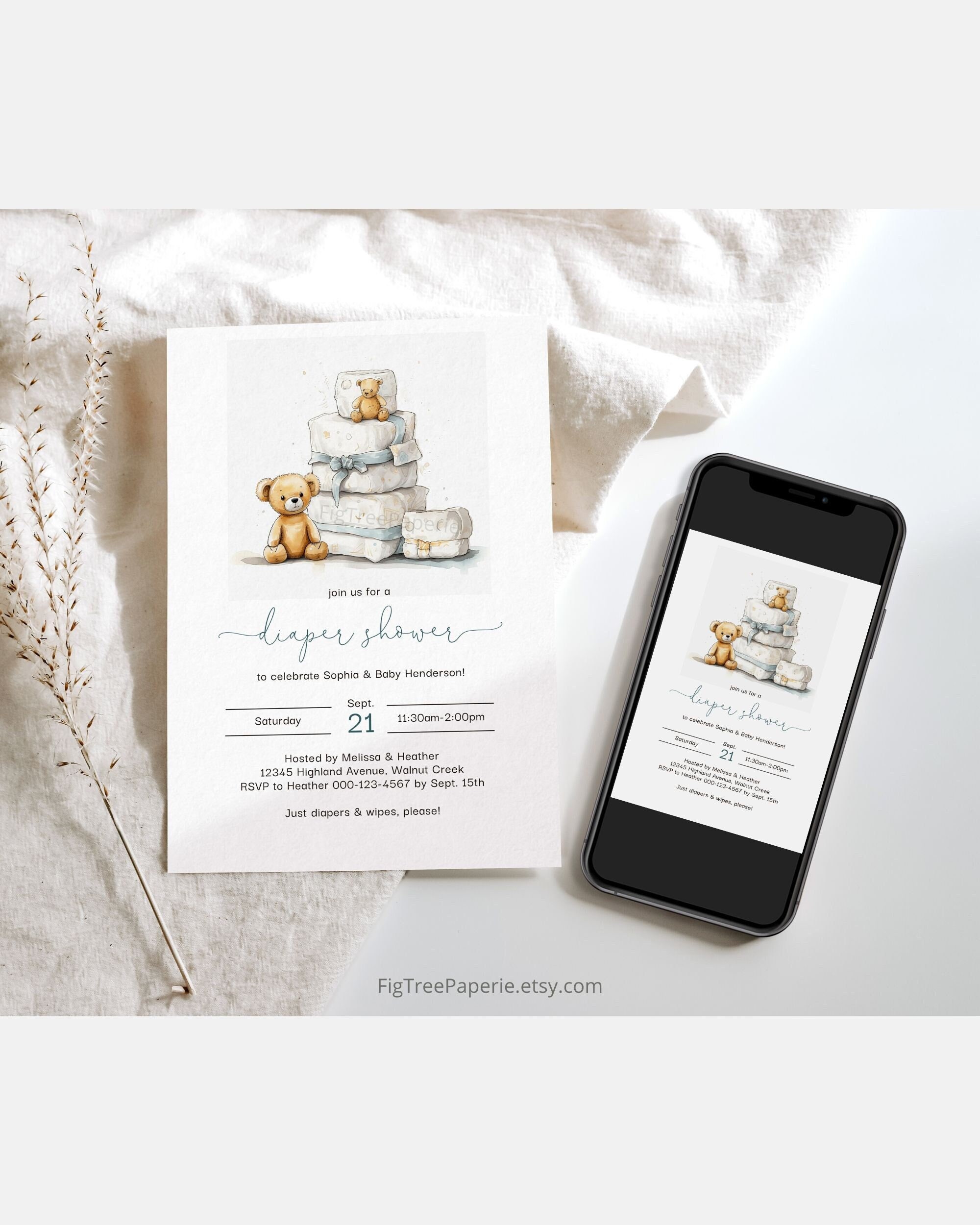 Diaper Shower Invitation Boy, Teddy Bear Diaper Shower Invite, Printable Diaper Shower Invitation