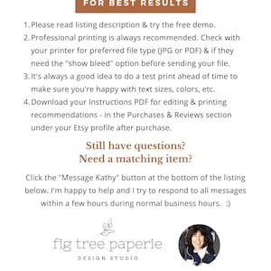 May include: A brown rectangle with the text "FOR BEST RESULTS" in white. A list of instructions for printing digital downloads, including tips for using the correct file type, bleed, and test printing. The text also includes a link to the Etsy shop and a social media handle.