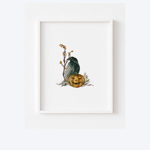 May include: A watercolor illustration of a black raven perched on a branch with a carved pumpkin. The pumpkin is orange and yellow with a spooky face. The background is white.