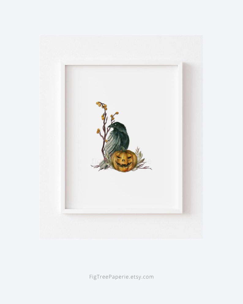 May include: A watercolor illustration of a black raven perched on a branch with a carved pumpkin. The pumpkin is orange and yellow with a spooky face. The background is white.