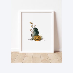 May include: A watercolor illustration of a black raven perched on a branch with a jack-o'-lantern pumpkin. The raven has a green and black feathered body and a black beak. The pumpkin is orange with a carved face and a green stem. The background is white.