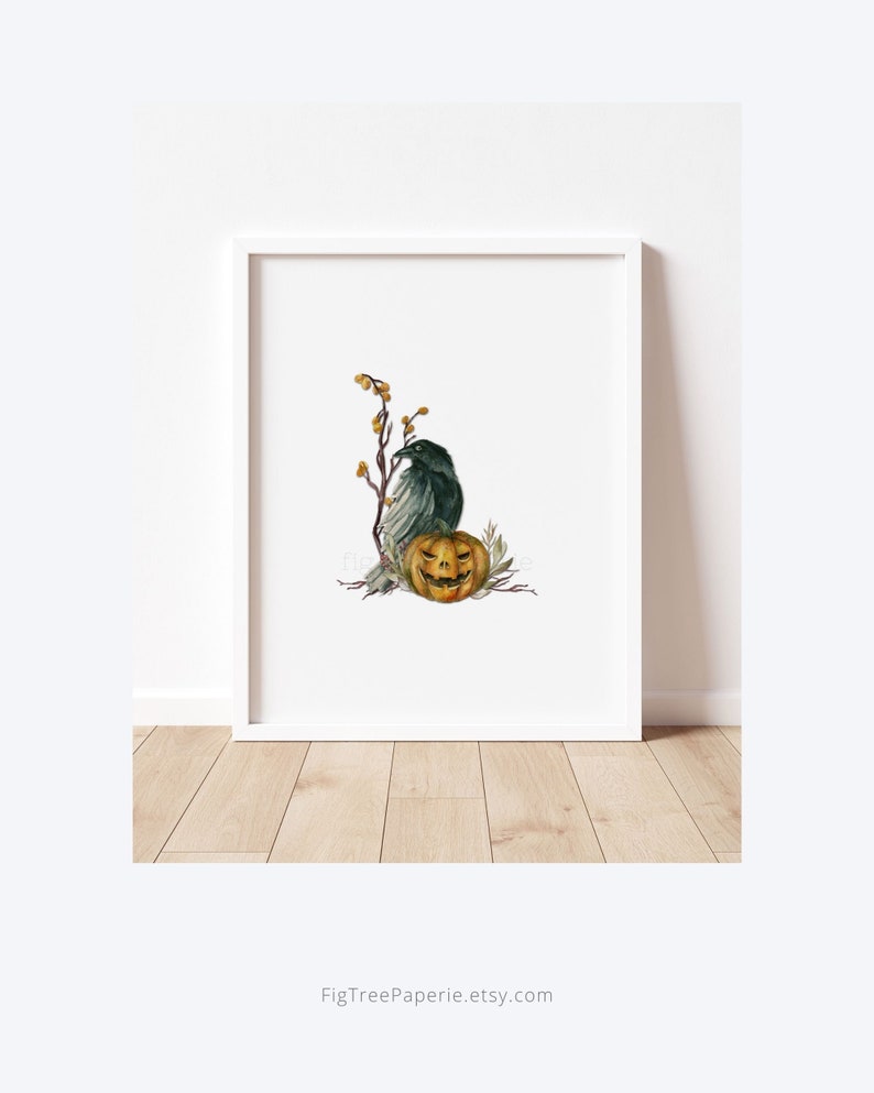 May include: A watercolor illustration of a black raven perched on a branch with a jack-o'-lantern pumpkin. The raven has a green and black feathered body and a black beak. The pumpkin is orange with a carved face and a green stem. The background is white.