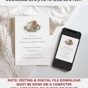 May include: A printable Christmas brunch invitation with a watercolor illustration of a mug of hot cocoa, a stack of pancakes, and a sprig of holly. The invitation includes the text "Join us for a Christmas Brunch", "Saturday | December 15th | 11:00am", "The Smith Residence", "12345 West Maple Drive", "Danbury, CT", "RSVP to Kristina at 000-123-4567", "Please bring a breakfast dish to share", and "Can't wait to see you!"