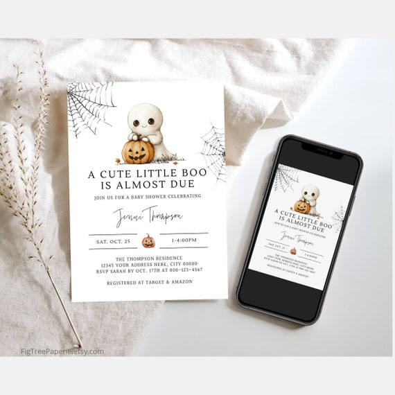 Halloween Ghost Baby Shower Invitation Boy, A Little Boo Is Almost Due Baby Shower Invite, October Baby Shower Boy Digital Instant Download