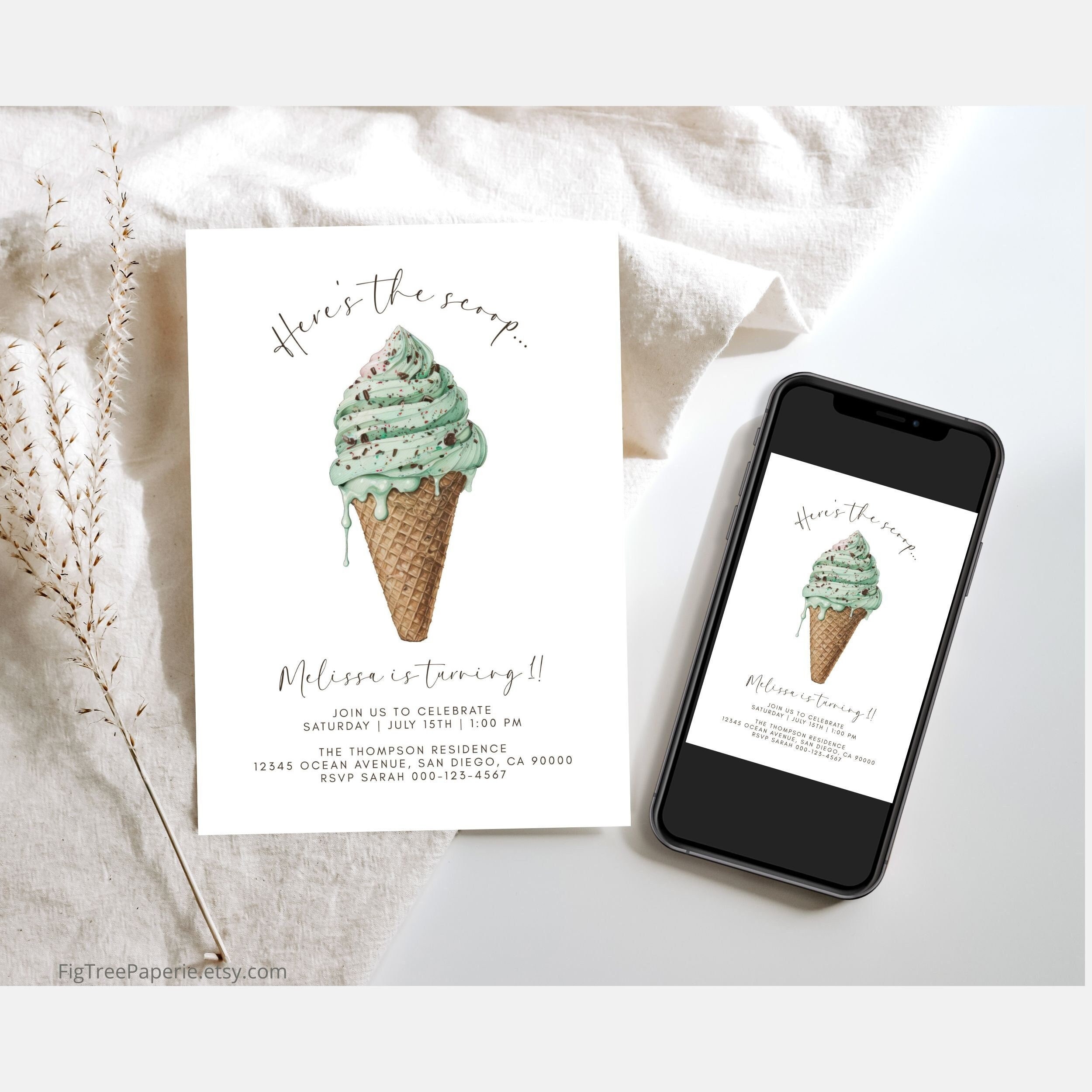 Ice Cream Party Birthday Invitation, First Birthday Party Invite, 1st Birthday Ice Cream Cone Party Invitation, Editable Digital Printable