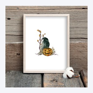 May include: A watercolor illustration of a black crow perched on a branch with a carved jack-o'-lantern pumpkin. The background is white.