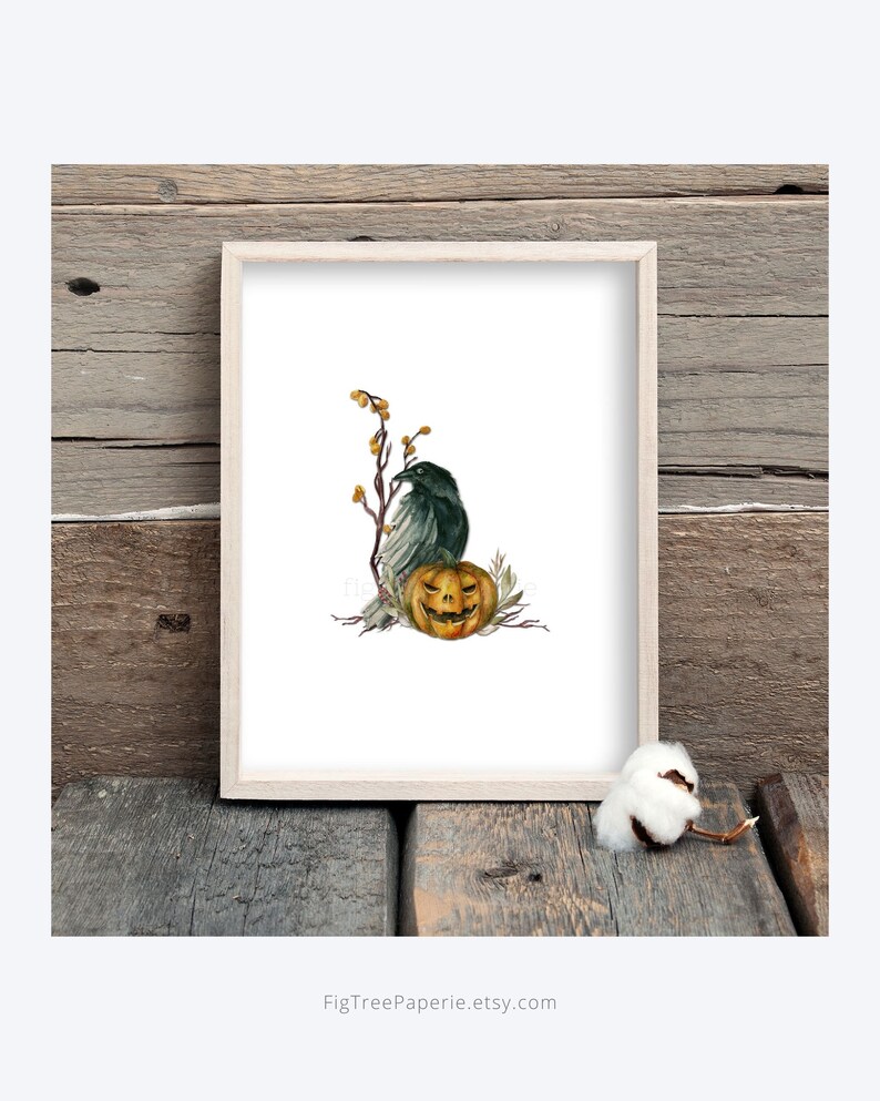 May include: A watercolor illustration of a black crow perched on a branch with a carved jack-o'-lantern pumpkin. The background is white.