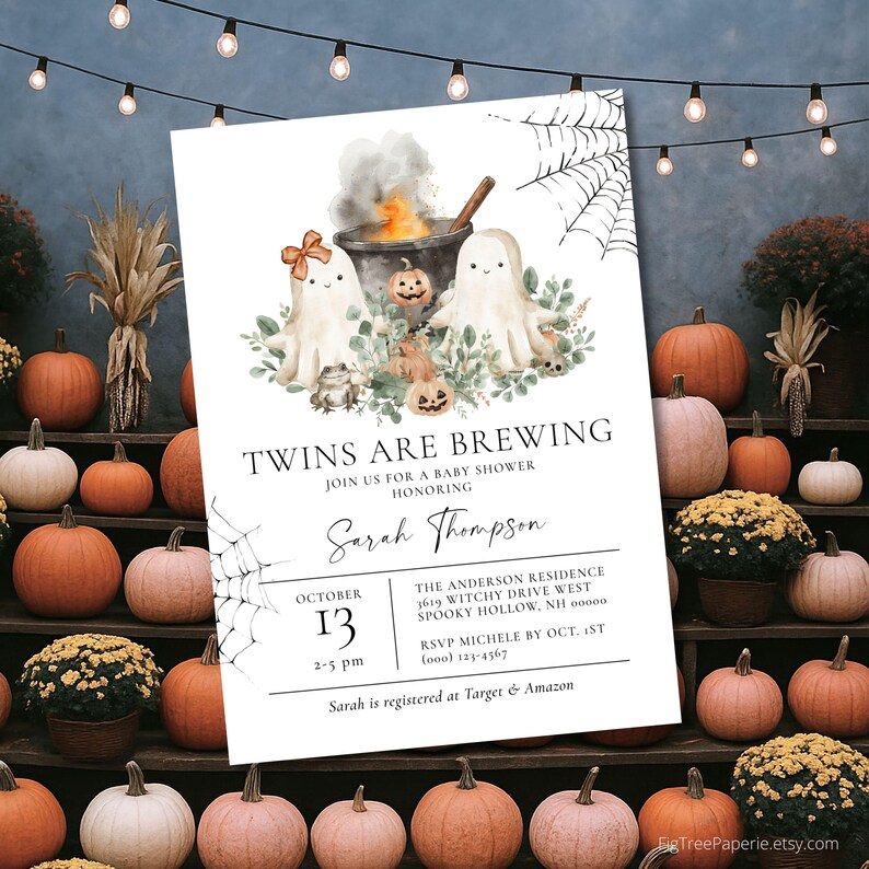 May include: A Halloween-themed baby shower invitation with the text "Twins are Brewing." The invitation features watercolor illustrations of ghosts, pumpkins, and a cauldron. The date is October 13th, with the time 2-5 pm.