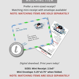 May include: A printable mini receipt and envelope template featuring a cartoon tooth with a pirate hat and the text "Lost Tooth Collection Receipt". The receipt is 2.5 inches by 5 inches and the envelope is 5.25 inches by 3.75 inches when folded.