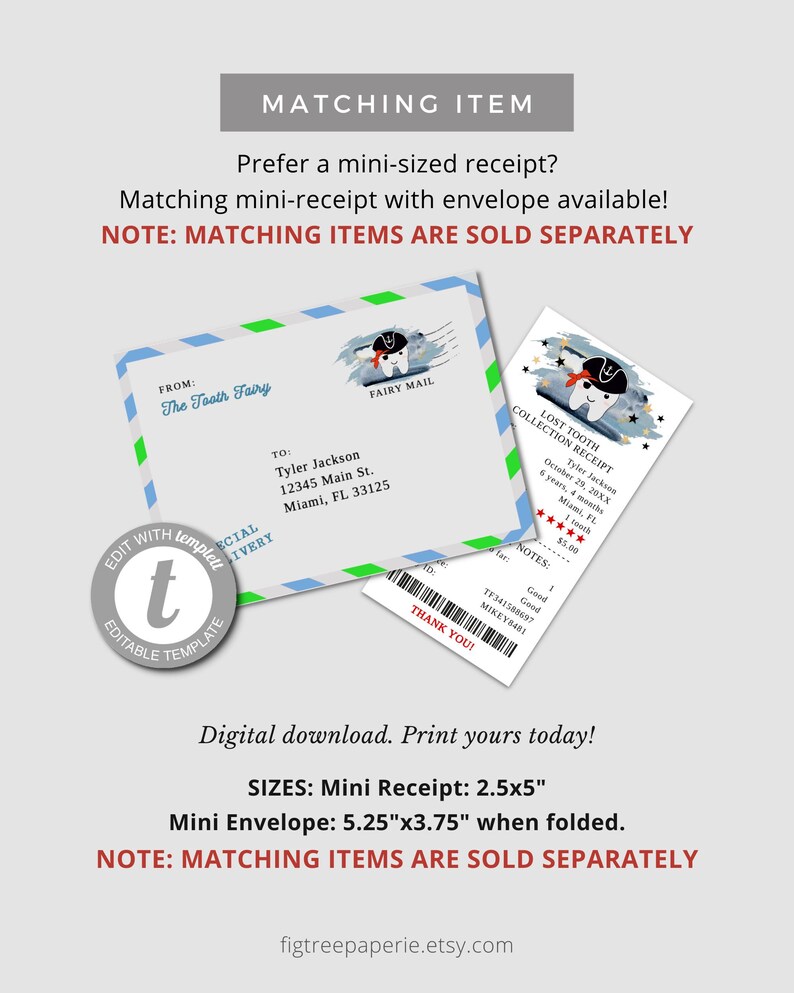 May include: A printable mini receipt and envelope template featuring a cartoon tooth with a pirate hat and the text "Lost Tooth Collection Receipt". The receipt is 2.5 inches by 5 inches and the envelope is 5.25 inches by 3.75 inches when folded.