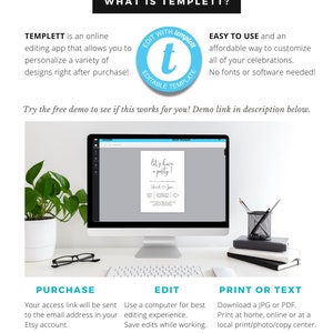 May include: A computer screen displaying a digital template for a party invitation. The template is white with black text that reads "Let's have a party!" The text is in a handwritten font. The image is accompanied by text explaining how to use the Templett app to customize and print the invitation.