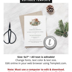 May include: Editable template for a Christmas brunch invitation. The invitation features a watercolor illustration of a mug of hot cocoa with marshmallows and a cinnamon stick. The text reads "Join us for a Christmas Brunch, Saturday | December 15th | 11:00am, at The Smith Residence, 12345 West Maple Drive, Danbury, CT. RSVP to Kristina at 000-123-4567. Please bring a breakfast dish to share. Can't wait to see you!"