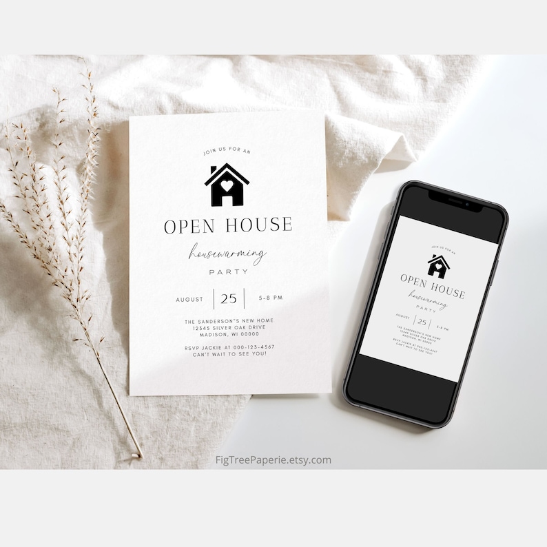 May include: A white and black open house invitation with a house icon and the text "JOIN US FOR AN OPEN HOUSE housewarming PARTY AUGUST 25 5-8 PM THE SANDERSON'S NEW HOME 12345 SILVER OAK DRIVE MADISON, WI 00000 RSVP JACKIE AT 000-125-4547 CAN'T WAIT TO SEE YOU!"