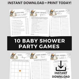 Puede incluir: Un conjunto de diez juegos de baby shower imprimibles con tem&aacute;tica de Halloween. Los juegos incluyen "Adivina qui&eacute;n es mam&aacute; o pap&aacute;", "Fondo de baby shower", "ABC de baby shower", "Baby Bingo", "Carrera de nombres de beb&eacute;" y "Coincidencia de animales de beb&eacute;".