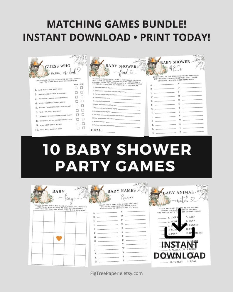 Puede incluir: Un conjunto de diez juegos de baby shower imprimibles con tem&aacute;tica de Halloween. Los juegos incluyen "Adivina qui&eacute;n es mam&aacute; o pap&aacute;", "Fondo de baby shower", "ABC de baby shower", "Baby Bingo", "Carrera de nombres de beb&eacute;" y "Coincidencia de animales de beb&eacute;".