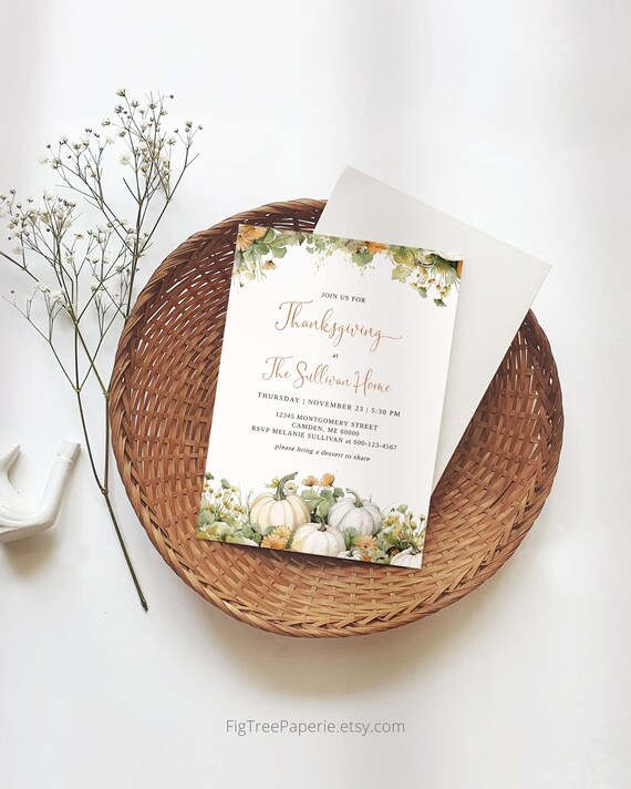 White Pumpkins Greenery Thanksgiving Invitation, Printable Thanksgiving Invite, Casual Thanksgiving Dinner Invite, Modern, Digital Download