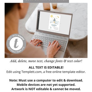 K&ouml;nnte beinhalten: Ein Laptop zeigt eine anpassbare Einladungsvorlage mit einem Raketendesign. Die Texte "EDIT ON ANY COMPUTER" und "ALL TEXT IS EDITABLE!" sind sichtbar. Die Einladung zeigt eine Rakete, eine Sonne und den Namen "HARRISON". Der Etsy-Shop-Name ist ebenfalls sichtbar.