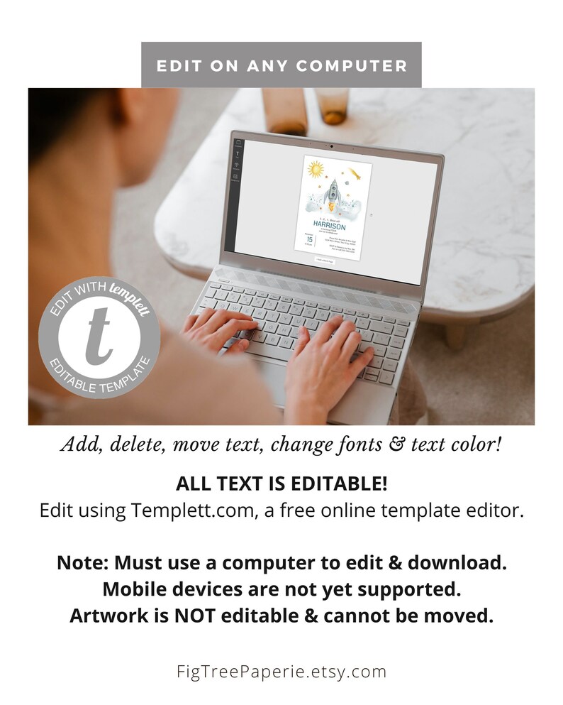 K&ouml;nnte beinhalten: Ein Laptop zeigt eine anpassbare Einladungsvorlage mit einem Raketendesign. Die Texte "EDIT ON ANY COMPUTER" und "ALL TEXT IS EDITABLE!" sind sichtbar. Die Einladung zeigt eine Rakete, eine Sonne und den Namen "HARRISON". Der Etsy-Shop-Name ist ebenfalls sichtbar.